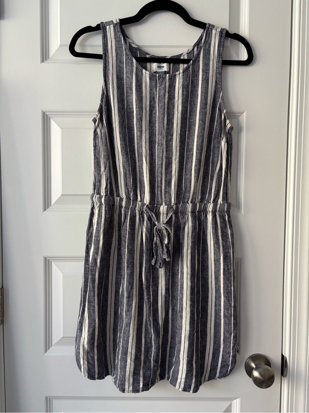 Old Navy Navy and White Sleeveless Drawstring Waist Linen Blend Dress M